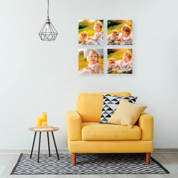 FunDeco Canvas prints mock up, four above livingroom chair