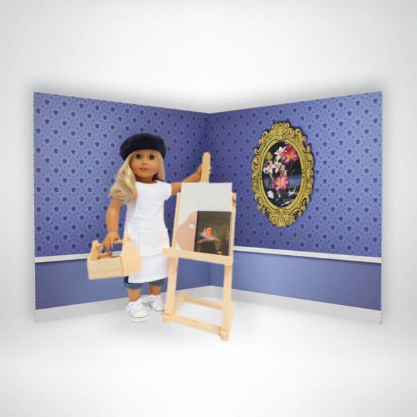 FunDeco Dollhouse backdrop interior room with purple walls, doll with art easel