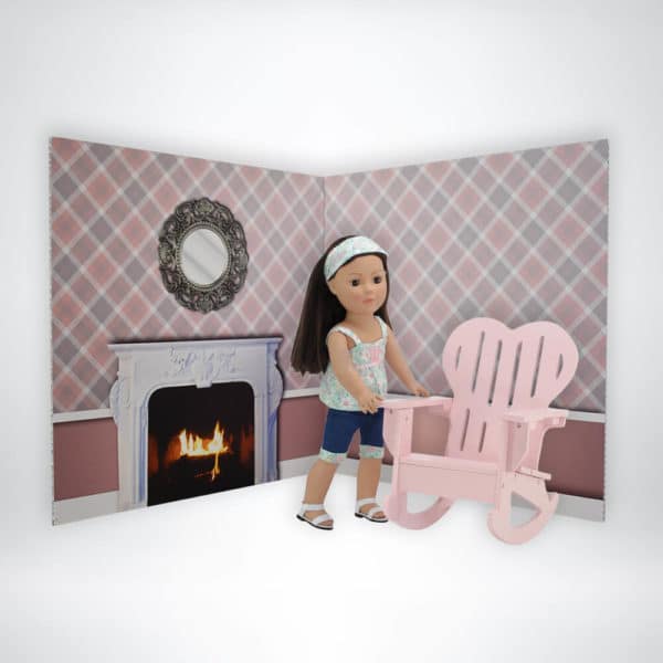 FunDeco Dollhouse backdrop pink and argyle living room, doll next to fireplace and rocking chair