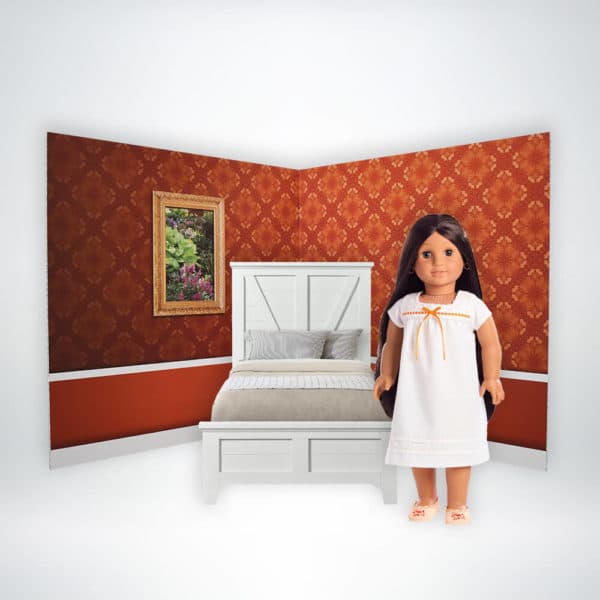 FunDeco Dollhouse backdrop orange bedroom, doll next to bed