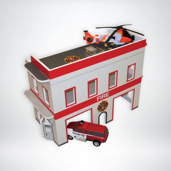 FunDeco Village Playset Fire Station with toy trucks