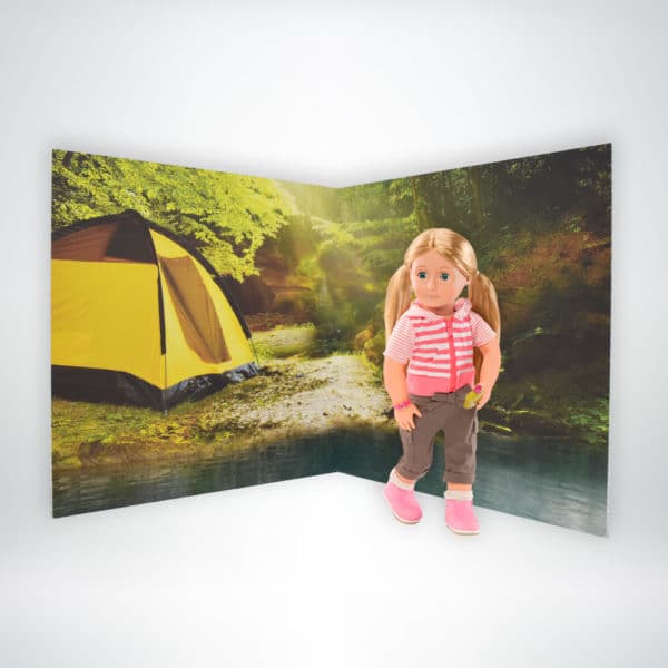 FunDeco Scenic Doll Backdrop camping with doll