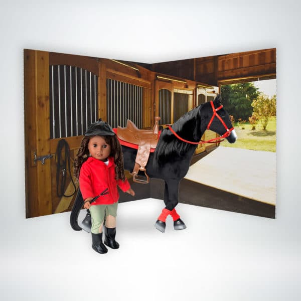 FunDeco Scenic Doll Backdrop horse stall with doll and horse