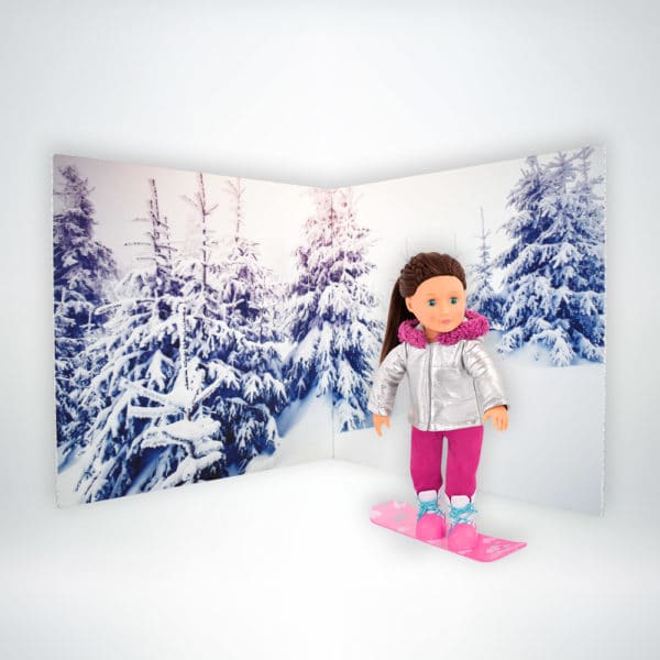 FunDeco Scenic Doll Backdrop winter, doll on skateboard