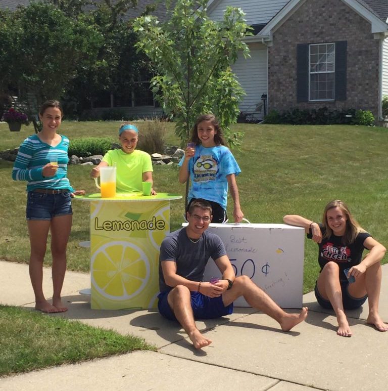 Kids outside on sidewalk using FunDeco Lemonade Stand