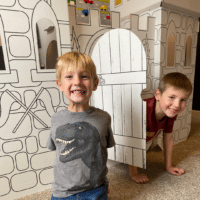 Kids playing with cardboard castle.