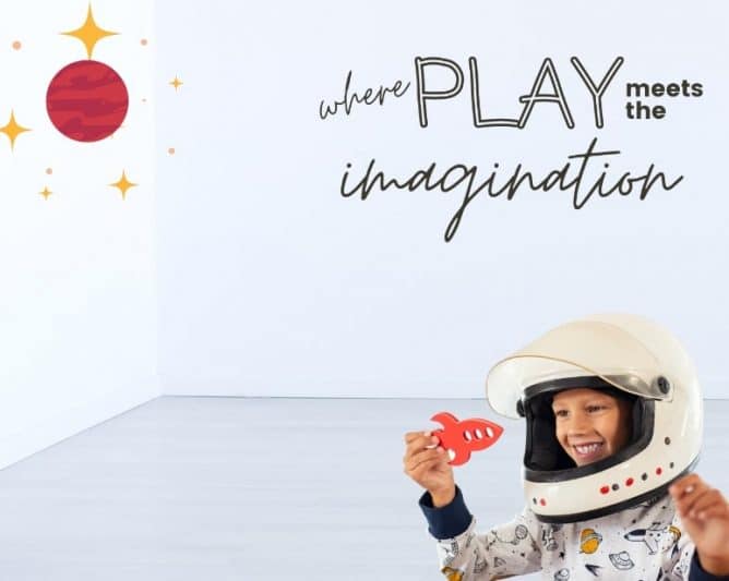 FunDeco banner - where play meets imagination - kid dressed as astronaut playing